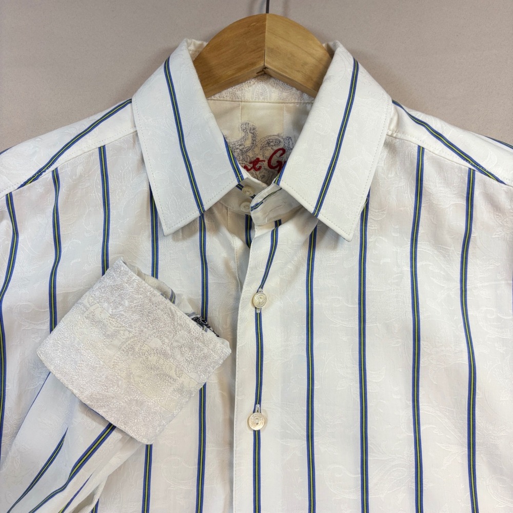 Robert Graham Button Down Shirt Mens M White Striped Paisley Jacquard Flip Cuff
